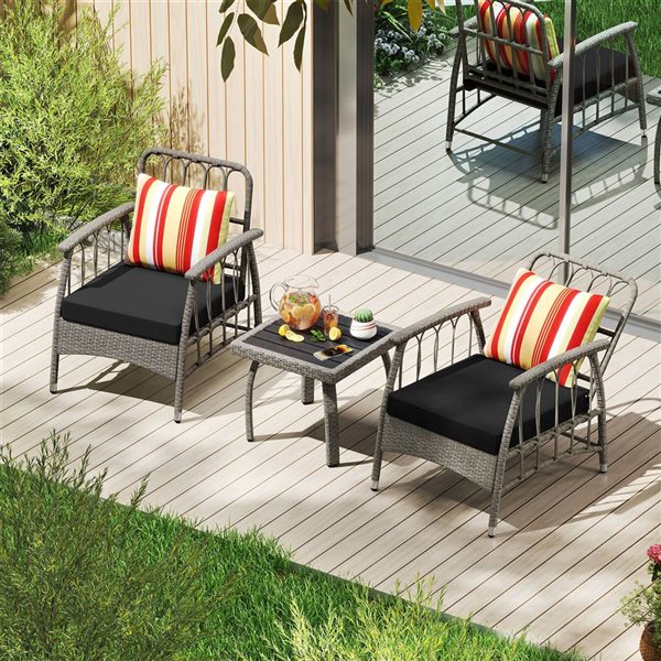 Costway 3-Piece Patio PE Wicker Bistro Furniture Set with 5-Level Adjustable Backrest