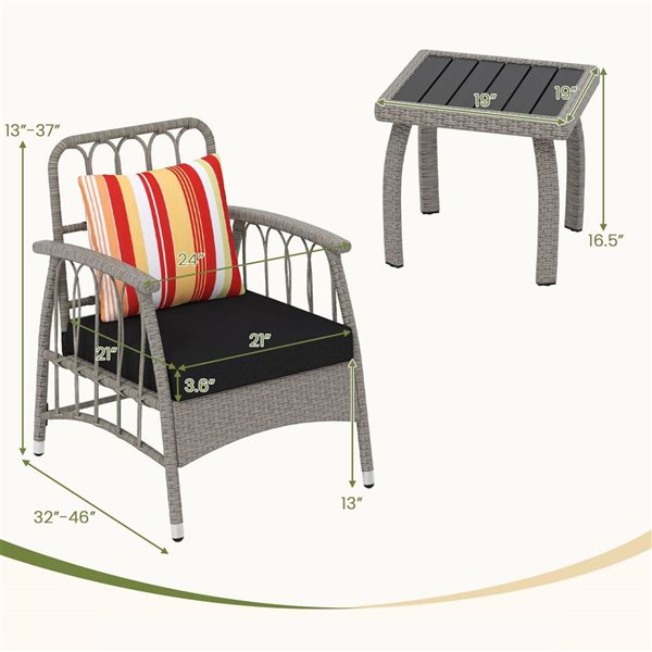 Costway 3-Piece Patio PE Wicker Bistro Furniture Set with 5-Level Adjustable Backrest