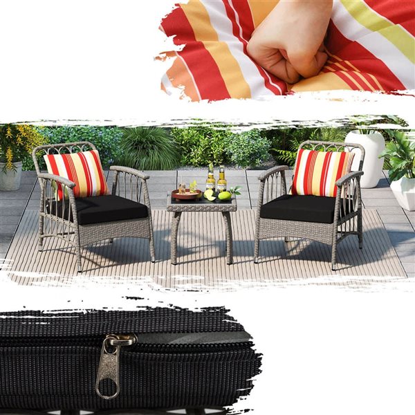Costway 3-Piece Patio PE Wicker Bistro Furniture Set with 5-Level Adjustable Backrest