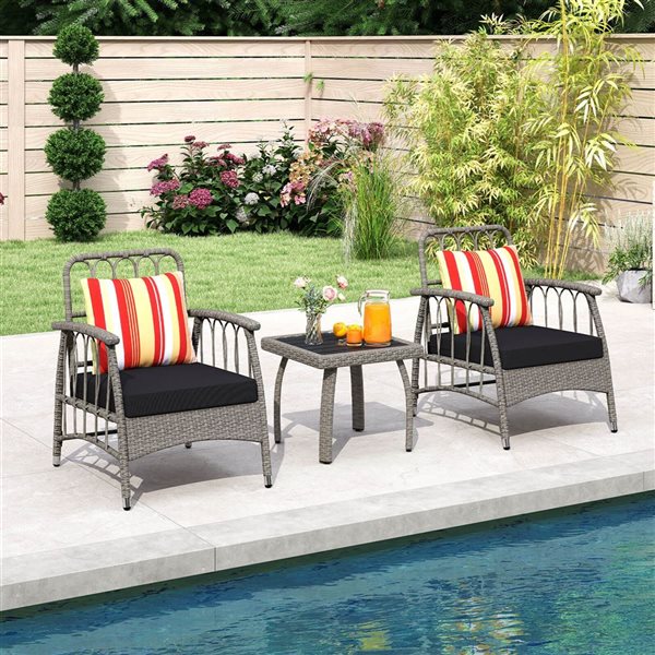 Costway 3-Piece Patio PE Wicker Bistro Furniture Set with 5-Level Adjustable Backrest