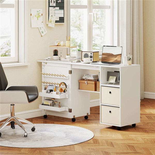 HOMCOM White Rolling Folding Sewing Table with Power Outlet
