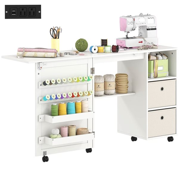 HOMCOM White Rolling Folding Sewing Table with Power Outlet