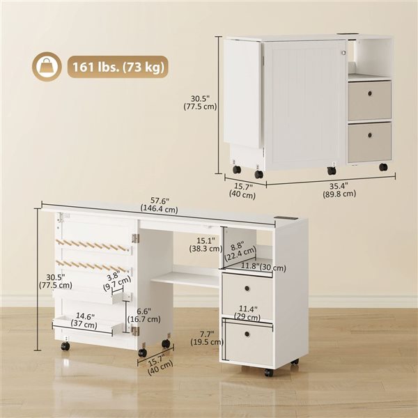 HOMCOM White Rolling Folding Sewing Table with Power Outlet