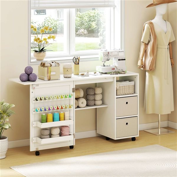 HOMCOM White Rolling Folding Sewing Table with Power Outlet
