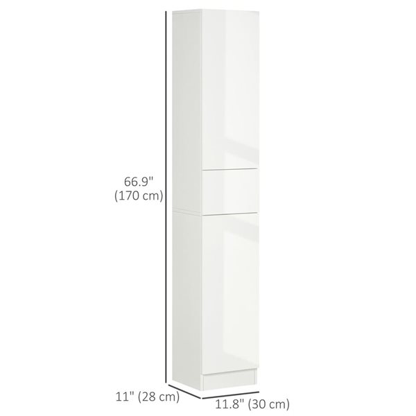 kleankin High Gloss White Tall Bathroom Storage Cabinet with Doors & Drawer