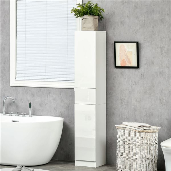 kleankin High Gloss White Tall Bathroom Storage Cabinet with Doors & Drawer