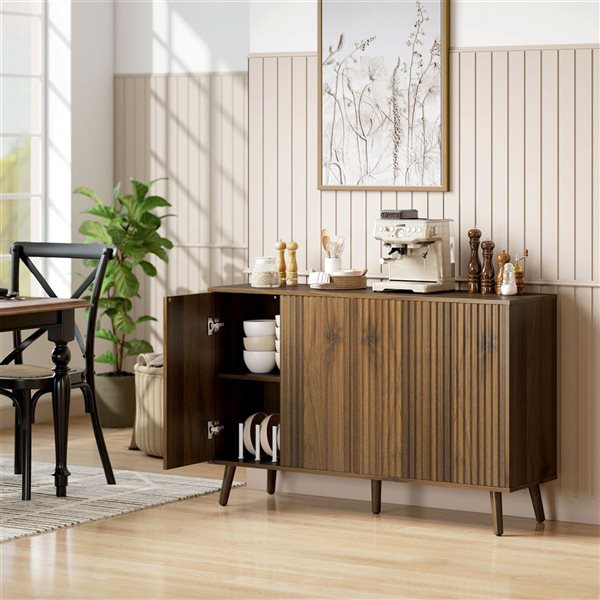HOMCOM Dark Brown Fluted Buffet Cabinet with Adjustable Shelves