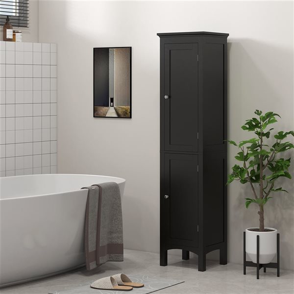 kleankin Black Bathroom Tall Storage Cabinet with Adjustable Shelves