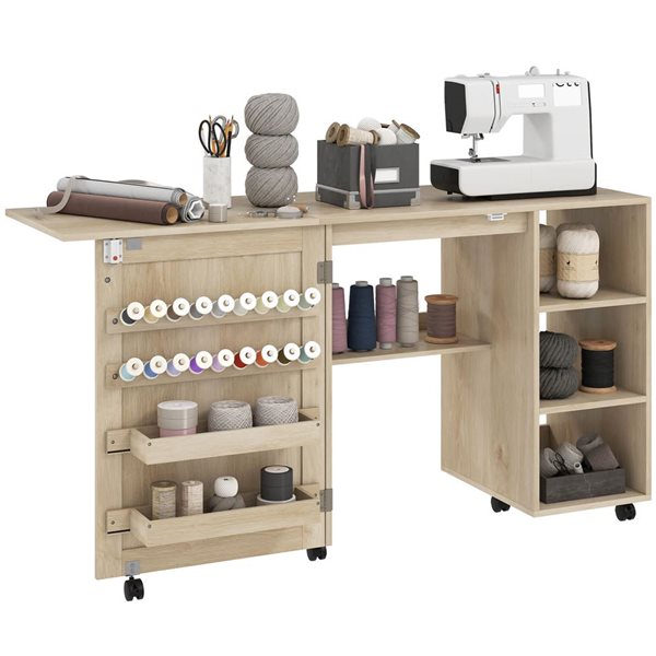 HOMCOM Natural Rolling Folding Sewing Table with Rattan Door