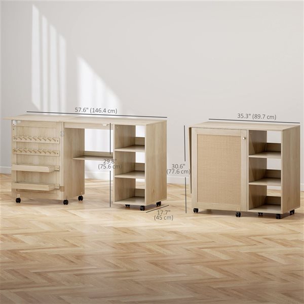HOMCOM Natural Rolling Folding Sewing Table with Rattan Door