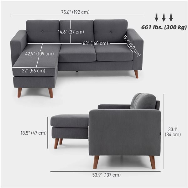 HOMCOM Dark Grey L-Shaped Sectional Sofa with Chaise Lounge