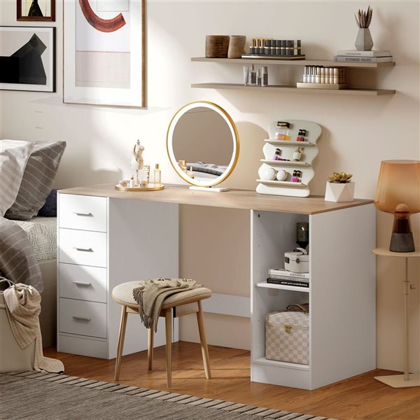 HOMCOM 55-in White Computer Desk with 4 Reversible Drawers