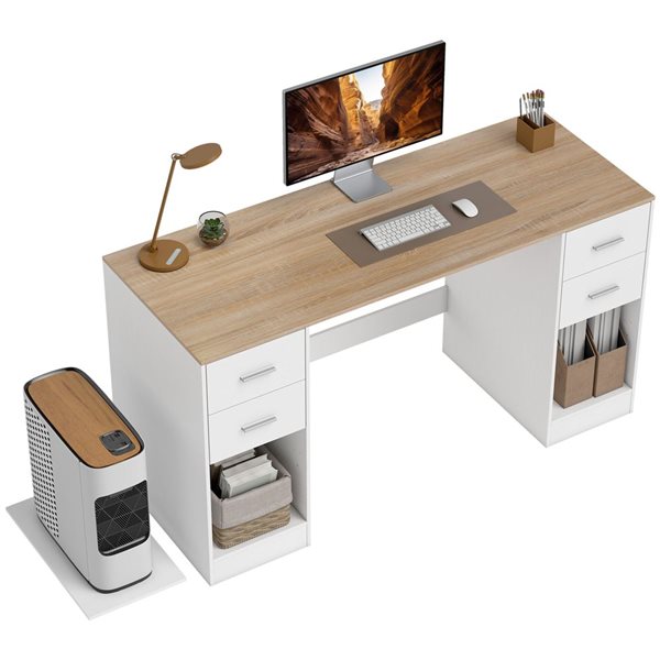 HOMCOM 55-in White Computer Desk with 4 Reversible Drawers