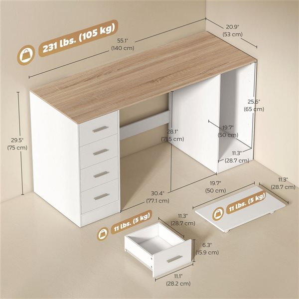 HOMCOM 55-in White Computer Desk with 4 Reversible Drawers