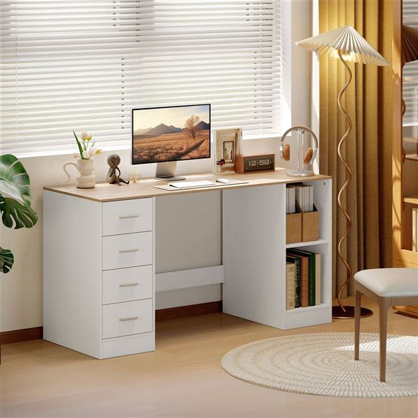 HOMCOM 55-in White Computer Desk with 4 Reversible Drawers
