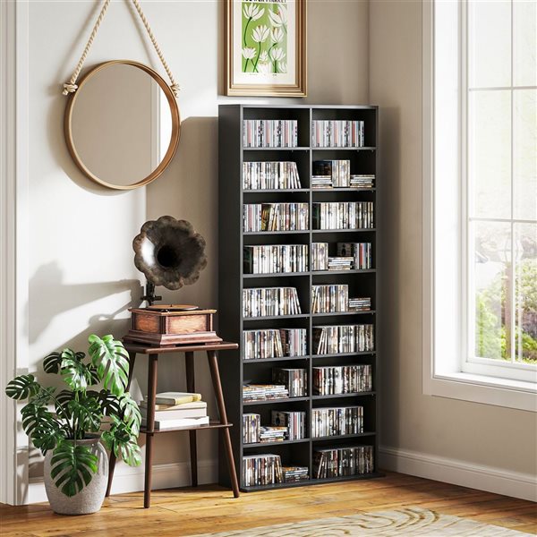 HOMCOM Black DVD Shelf with 18 Compartments and 14 Adjustable Shelves