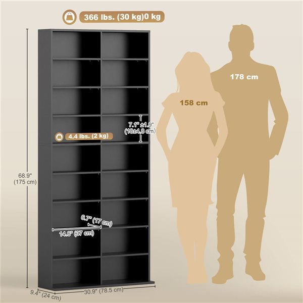 HOMCOM Black DVD Shelf with 18 Compartments and 14 Adjustable Shelves