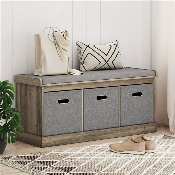 HOMCOM Washed Grey Shoe Bench with Cushion Seat & 3 Fabric Drawers