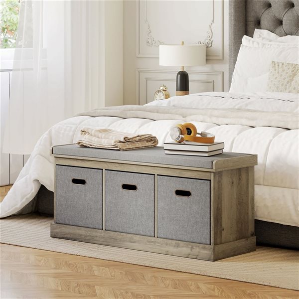 HOMCOM Washed Grey Shoe Bench with Cushion Seat & 3 Fabric Drawers