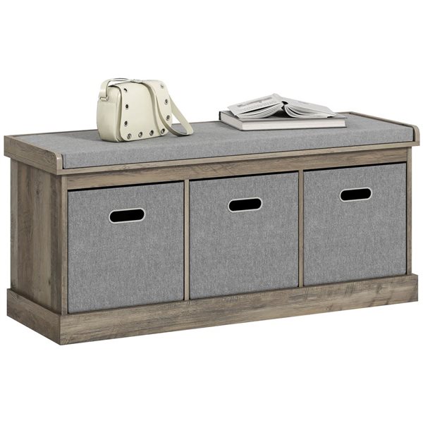 HOMCOM Washed Grey Shoe Bench with Cushion Seat & 3 Fabric Drawers