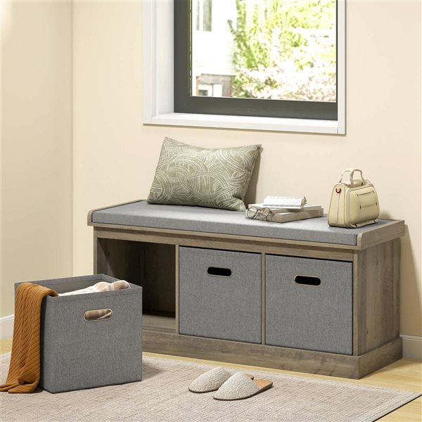 HOMCOM Washed Grey Shoe Bench with Cushion Seat & 3 Fabric Drawers