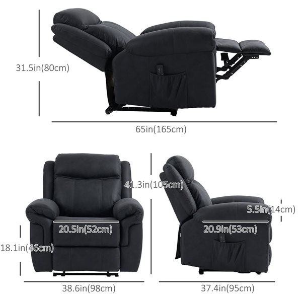 HOMCOM Black Manual Recliner Chair with 8 Vibration Massage & Side Pockets