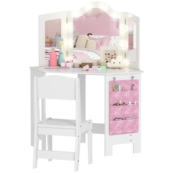 Qaba White 2 in 1 Kids Vanity Set with Mirror Stool Lights