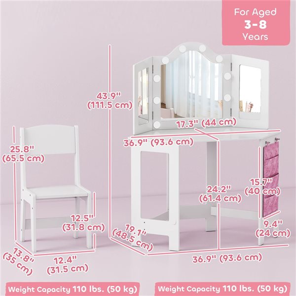 Qaba White 2 in 1 Kids Vanity Set with Mirror Stool Lights