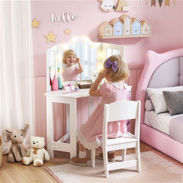Qaba White 2 in 1 Kids Vanity Set with Mirror Stool Lights