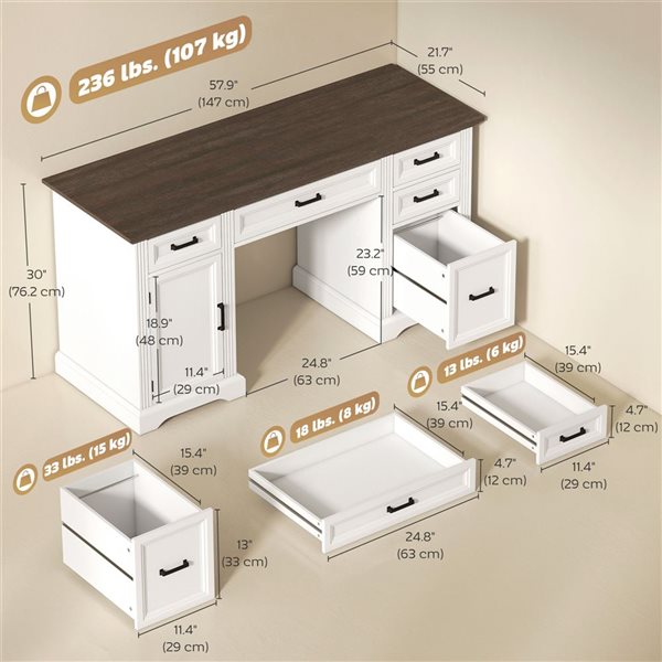 HOMCOM 58-in White Office Desk with Silent Drawers