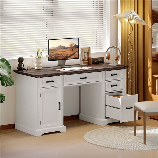 HOMCOM 58-in White Office Desk with Silent Drawers