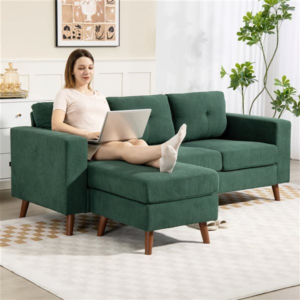 HOMCOM Dark Green L-Shaped Sofa Sectional Sofa with Chaise Lounge