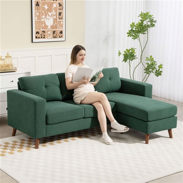 HOMCOM Dark Green L-Shaped Sofa Sectional Sofa with Chaise Lounge