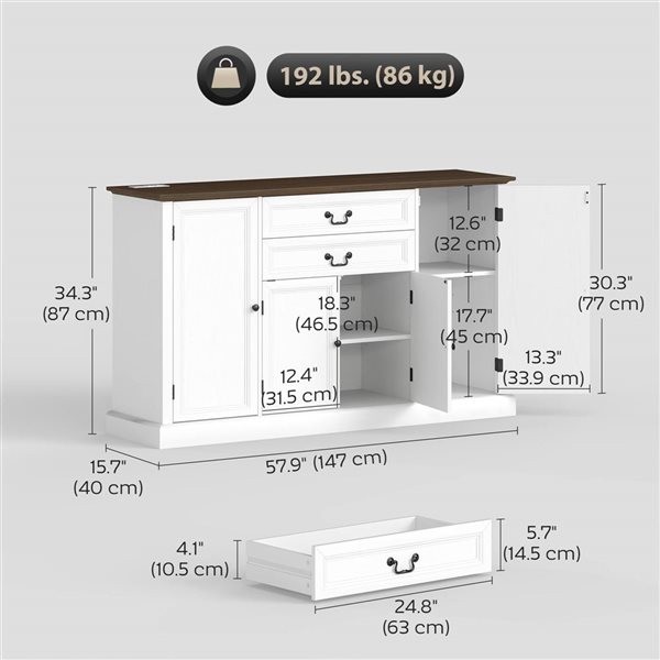 HOMCOM 58-in White Sideboard Buffet Cabinet with Charging Station