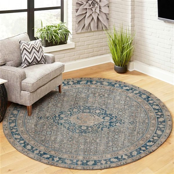 ECARPET Lucia Blue Traditional Round Polyester Medallion Rug - 5 x 5-ft