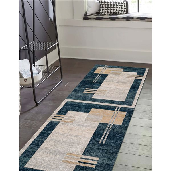 ECARPET Sorelle Blue Contemporary Rectangular Polyester Geometric Runner Rug - 2 x 7-ft