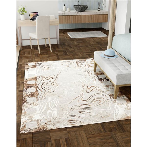 ECARPET Echo Tan Ivory Contemporary Rectangular Polyester Abstract Area Rug - 5 x 8-ft