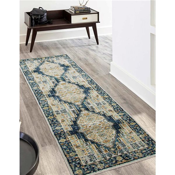ECARPET Kinsley Navy Traditional Rectangular Polypropylene Medallion Runner Rug - 2 x 8-ft