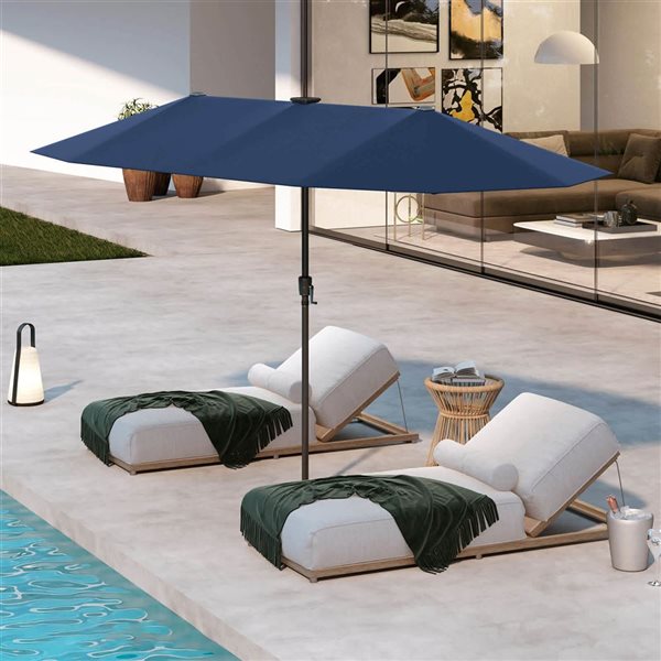 Costway 13-ft Navy Large Patio Umbrella with LED Solar Lights, Crank Handle & 12 Heavy-Duty Ribs