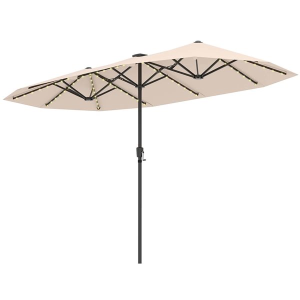 Costway 13-ft Beige Large Patio Umbrella with LED Solar Lights, Crank Handle & 12 Heavy-Duty Ribs