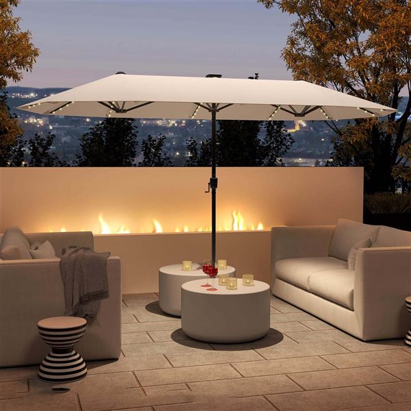 Costway 13-ft Beige Large Patio Umbrella with LED Solar Lights, Crank Handle & 12 Heavy-Duty Ribs