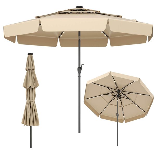 Costway 10-ft Beige Solar Patio Umbrella with 32 LED Lights, 3-Tier Vented Top & Ruffles