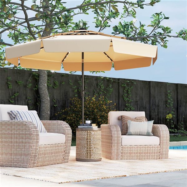 Costway 10-ft Beige Solar Patio Umbrella with 32 LED Lights, 3-Tier Vented Top & Ruffles