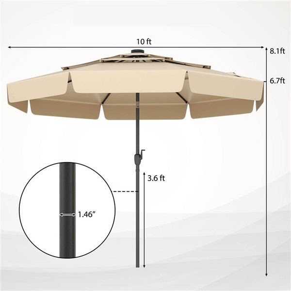 Costway 10-ft Beige Solar Patio Umbrella with 32 LED Lights, 3-Tier Vented Top & Ruffles