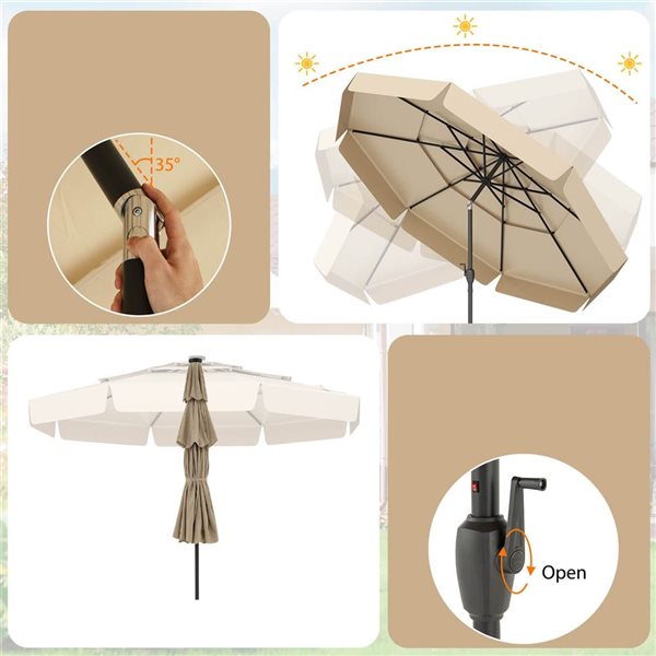 Costway 10-ft Beige Solar Patio Umbrella with 32 LED Lights, 3-Tier Vented Top & Ruffles