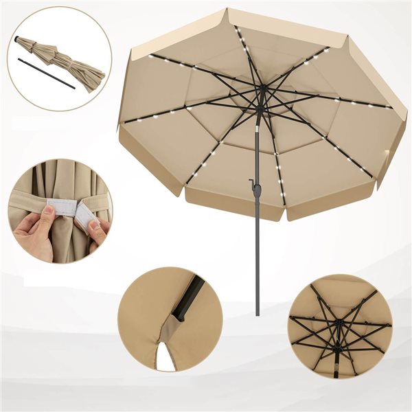 Costway 10-ft Beige Solar Patio Umbrella with 32 LED Lights, 3-Tier Vented Top & Ruffles