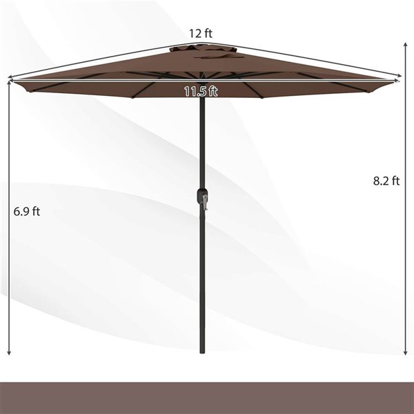 Costway 12-ft Brown Market Patio Umbrella with Crank Handle & 8 Sturdy Ribs