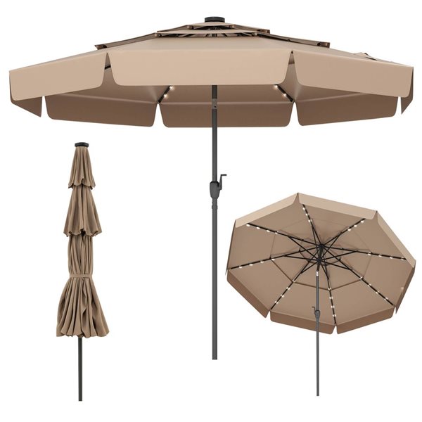 Costway 10-ft Brown Solar Patio Umbrella with 32 LED Lights, 3-Tier Vented Top & Ruffles