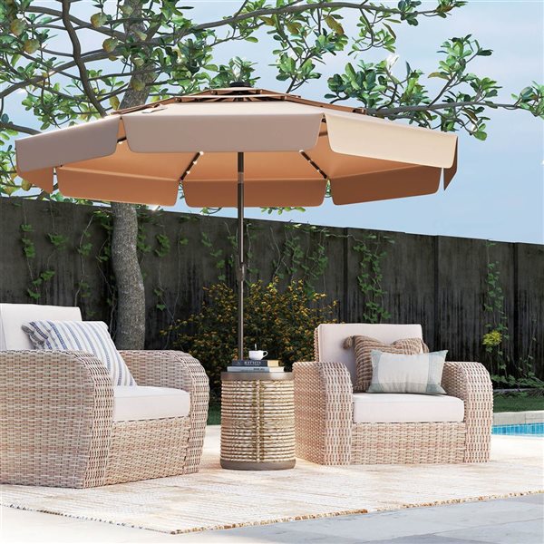 Costway 10-ft Brown Solar Patio Umbrella with 32 LED Lights, 3-Tier Vented Top & Ruffles
