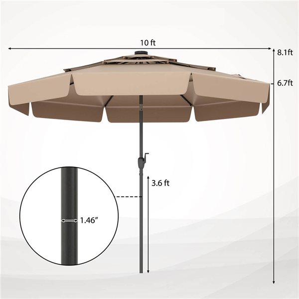 Costway 10-ft Brown Solar Patio Umbrella with 32 LED Lights, 3-Tier Vented Top & Ruffles